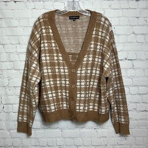 Almost Famous Tan and White plaid Print Sweater Twinset
